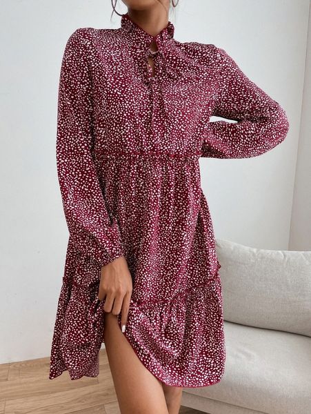 

allover print tie front frill trim bishop sleeve dress z6xd#, Black;gray