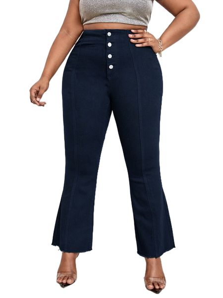 

plus high waist raw trim flare leg jeans l0i2#, Blue