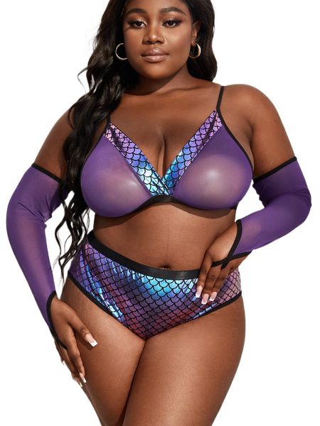 

plus 4pack fish scale print mesh animal costume set i5k5#, Black;white