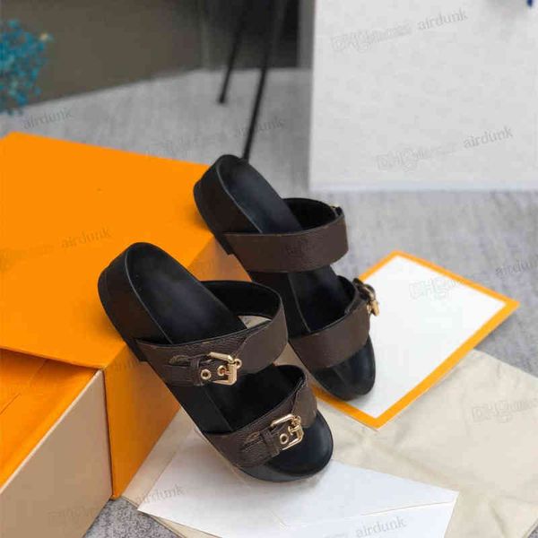 

2022 slippers designer slippers leather sandal slides 2 straps with adjusted gold buckles men and women bom dia flat mule 1a3r5m, Black