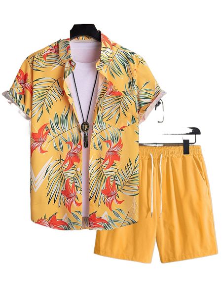 

men tropical print shirt & drawstring waist shorts without tee 921v#, Gray