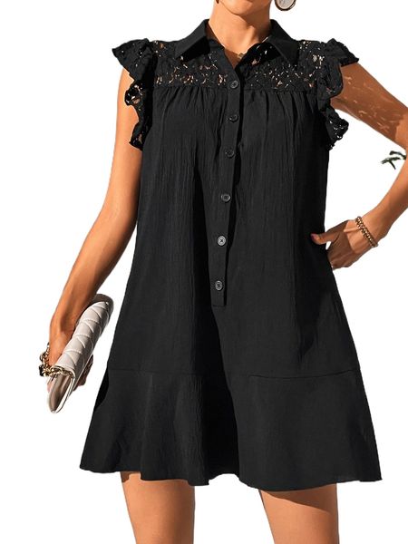 

contrast lace button front ruffle hem dress w6f7#, Black;gray