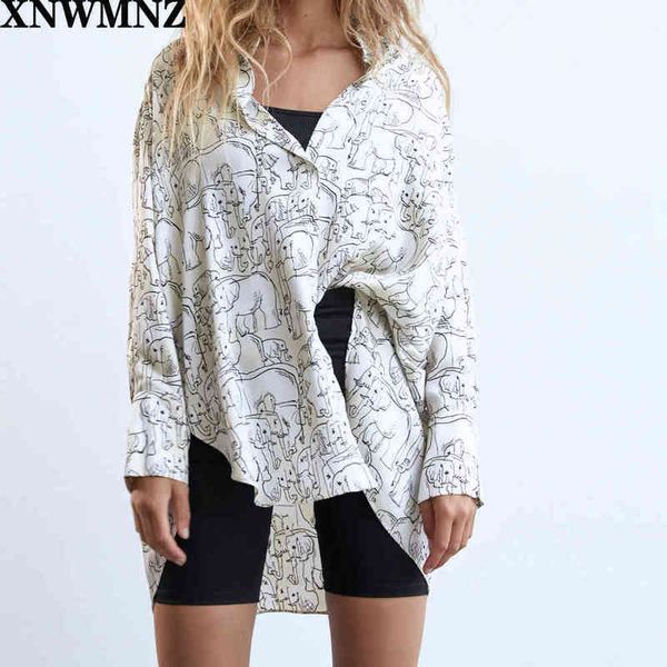 

xnwmnz za women printed oversized shirt collared with long cuffed sleeves asymmetric hem and a buttonup front 210513, White