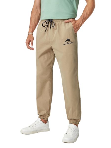 

men drawstring waist slogan and dolphin print pants l1fe#, Black