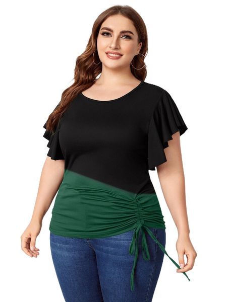 

plus two tone butterfly sleeve drawstring front tee h9ff#, Black