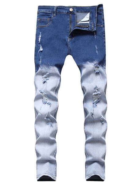 

men zipper fly ripped colorblock jeans 848c#, Blue