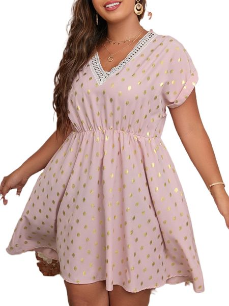 

plus gold print lace trim a line dress i45w#, Black