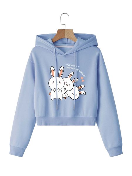 

slogan & cartoon graphic drawstring thermal hoodie g6ny#, Black