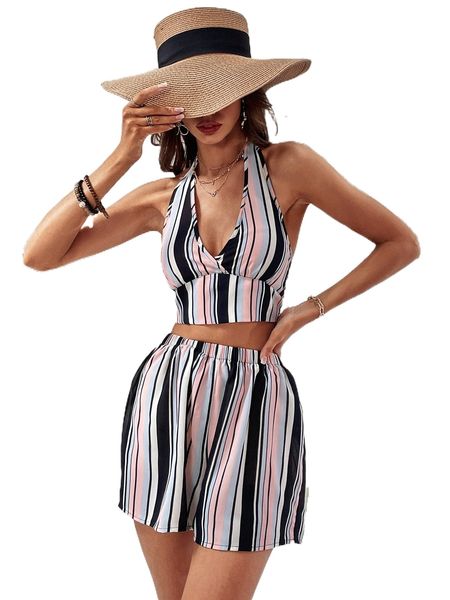 

vertical s.triped t.ie b.ack crop h.alter & s.horts 026f#, White