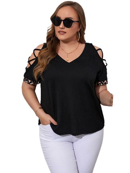 

plus criss cross cut out sleeve tee 85bo#, Black