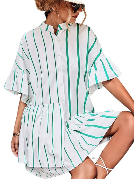 

striped flounce sleeve ruffle hem smock dress i7dg#, Black;gray