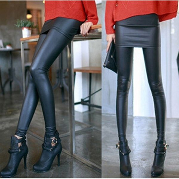 

wkoud fashion leather skirt leggings pencil pants autumn footless leggings with skirts black casual wear lg8 y200328, Black;white