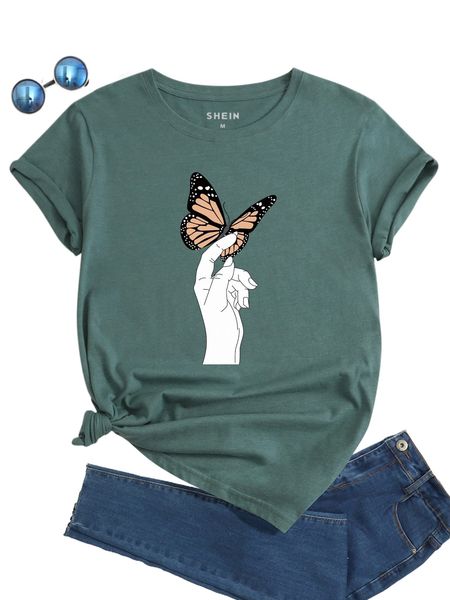 

butterfly and hand print tee n60l#, White