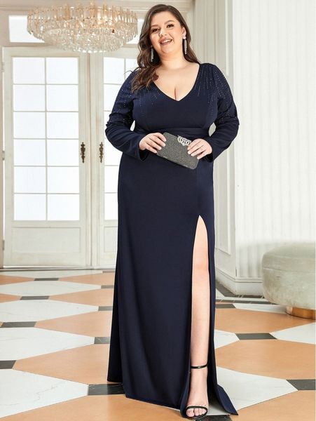 

ever-pretty plus solid rhinestone split thigh floor length dress h10y#, Black