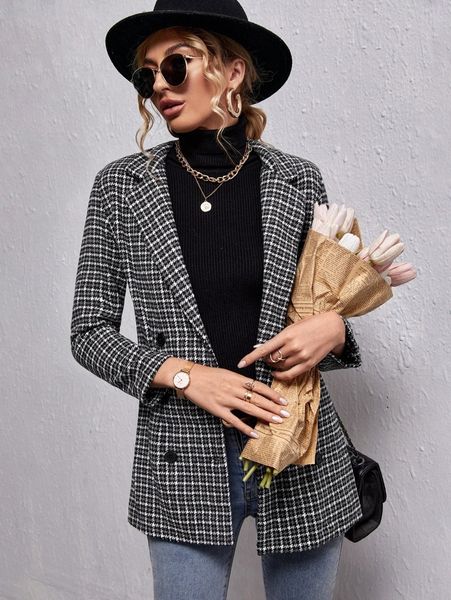 

wool-mix houndstooth & plaid double breasted blazer r8a2#, White