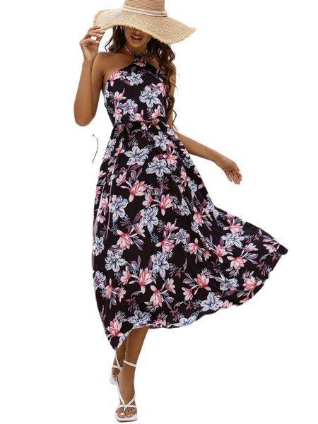 

f.loral p.rint t.ie b.ack h.alter d.ress t1jy#, Black;gray