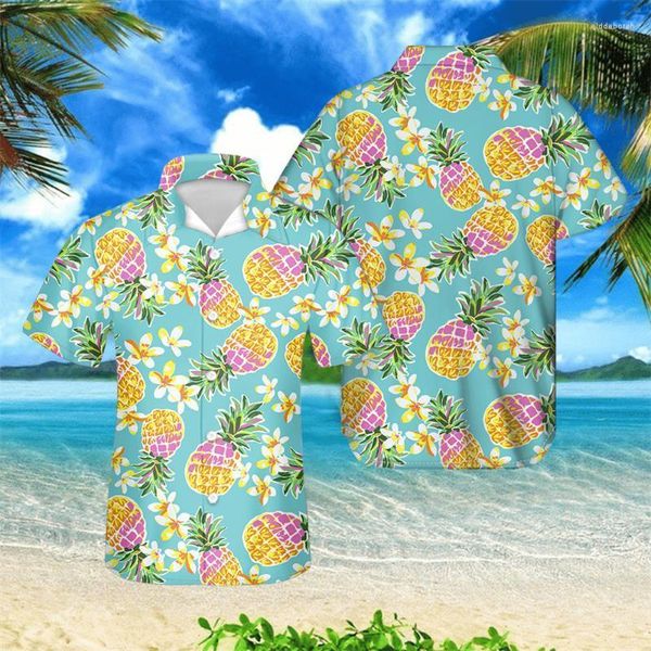 Camicie casual da uomo Uomo Aloha Beach Tropical Pineapple Plumeria Pattern Camicia hawaiana abbottonata verde per vestiti da vacanza per ragazziUomo Eldd