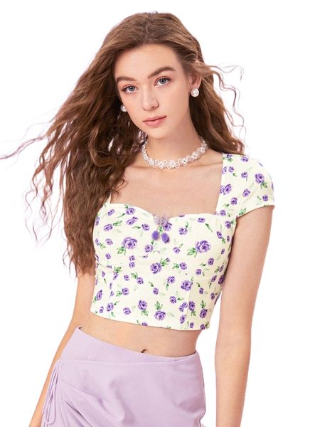 

mod floral print bow front sweetheart neck crop tee y1jk#, White