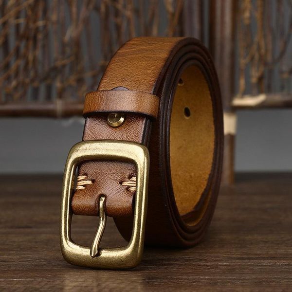 

belts 3.3cm width copper buckle men's cowskin leather belt retro handmade male luxury for jeans wide giftbelts, Black;brown