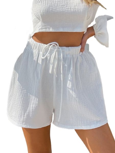 

drawstring waist shirred shorts 60az#, White;black