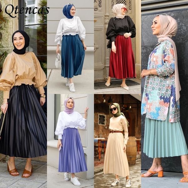 

muslim dress women pencil long skirt high waist pleated skirts turkey islamic clothing faldas mujer moda jupe longue femme robe, Red