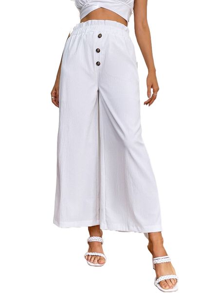 

paper bag waist fake button wide leg pants r85x#, Black;white