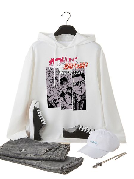 

men figure & letter graphic drawstring hoodie t3er#, Black