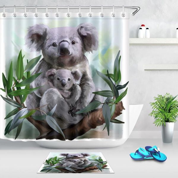 Duschvorhänge, Koala und ihr Baby, Vorhang, Aquarellmalerei, Tierbaum, Badezimmer, wasserdichter Polyesterstoff für Kinder, Badewannendekoration