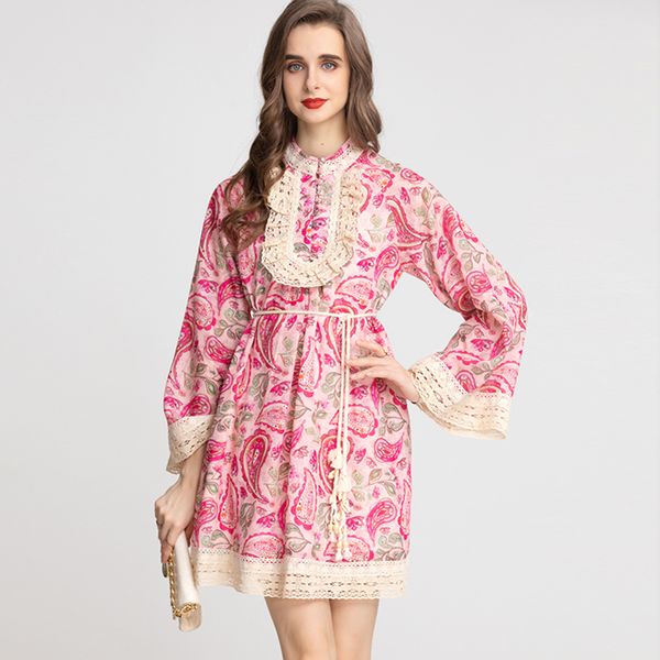 

women's runway dress o neck long flare sleeves printed piping lace up fashio designer vestidos, Black