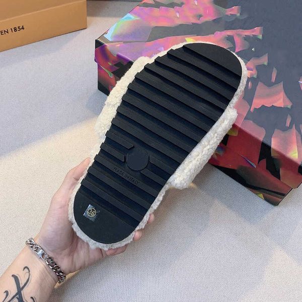 

paris designer brand l lambswool slipper old flowers women fur woolen plush sliders lambskin sandals flat heel slides slippers home loafers, Black