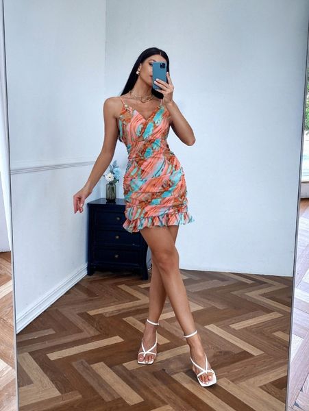 

tie dye ruffle hem cami dress j3nl#, Black;gray