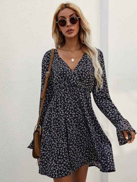 

ditsy floral overlap collar flounce sleeve a-line dress v5yi#, Black;gray