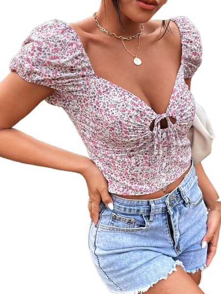 

ditsy floral tie front cut out shirred sweetheart neck blouse b6kc#, White