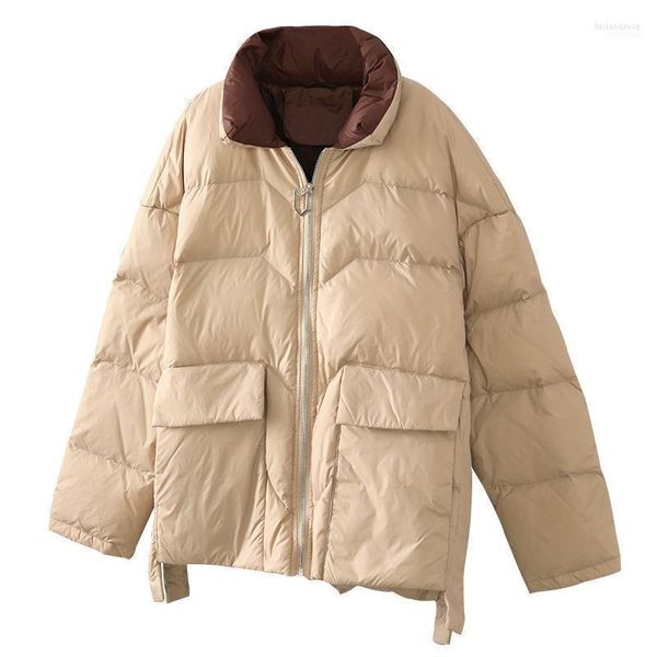 Jackets de inverno feminino de parkas 2022 femininos de estilo curto de grande porte de tamanho grande feminino solto solto grosso bolsos grandes stand colar war casual luci