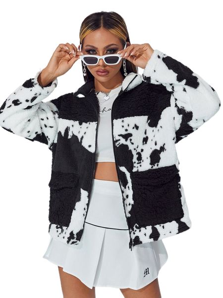 

petite zip up colorblock graphic dual pocket teddy coat 71d0#, Black