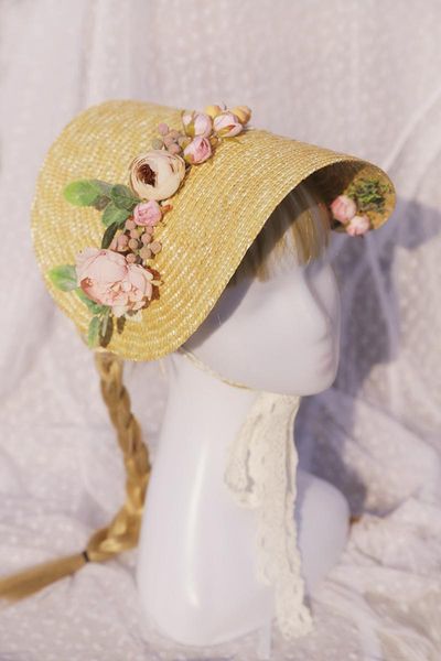 Hoofddeksels Lolita Strohoed Bloemen Retro Zon Handgemaakt Theekransje Pastorale Motorkap Frans Kant Plat Voor Meisje Dagelijks Leven AccessoiresHoofddeksels