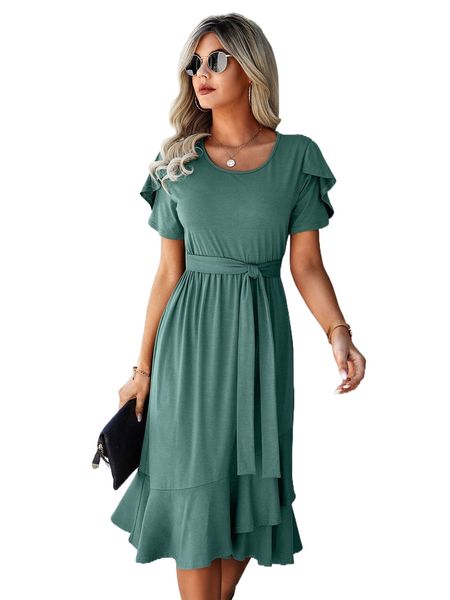 

petal sleeve ruffle trim wrap hem belted dress e78i#, Black;gray