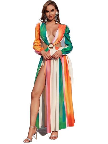 

striped colorblock plunging neck tie backless split thigh dress a8me#, Black;gray