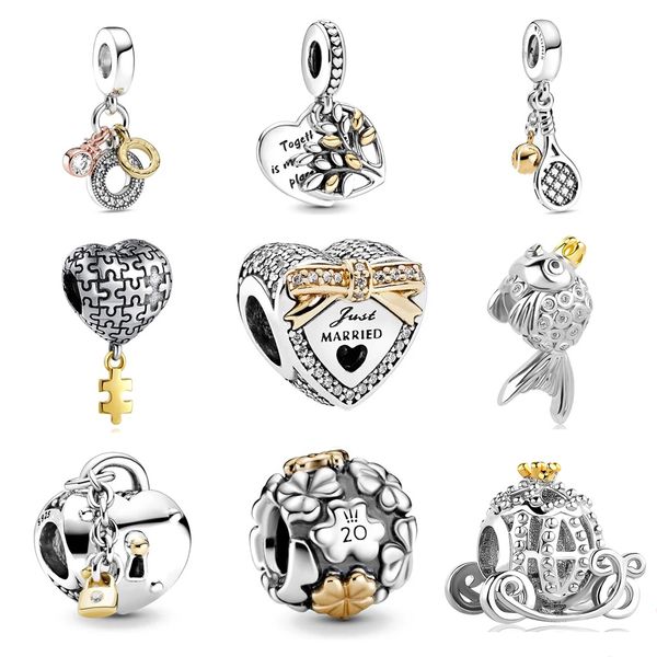 925 STERLING SLATER Dangle Charm de dois tons Coração de árvore genealógica e encantos de bloqueio Pingente Fit Pandora Charms Bracelet Diy Acessórios de joias