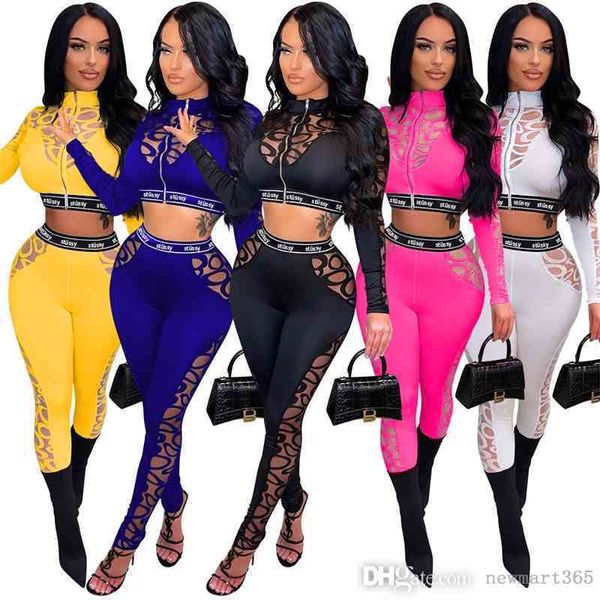 

designer womens tracksuits two piece pants set fashion leisure sports fitness perspective zipper tight suit, Gray