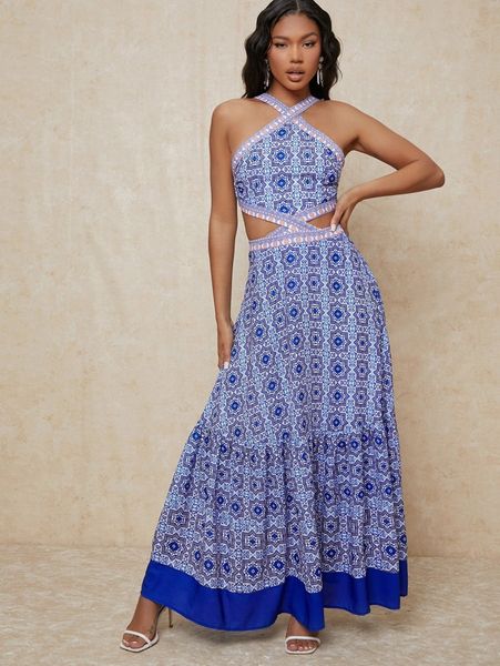 

ornate print open-back halter maxi dress 55jh#, Black;gray