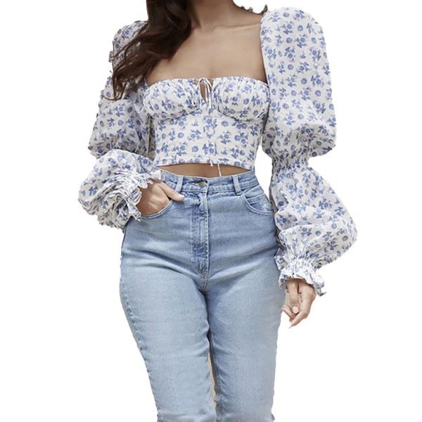 

women's t-shirt floral women autumn white sweet square neck long puff sleeve ruched drawstring crop woman party blouse