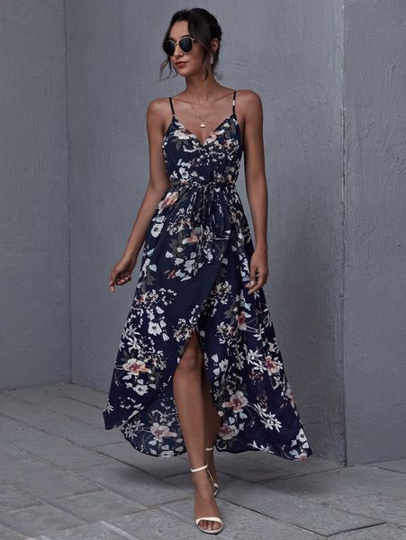 

wrap belted floral print cami dress v6mu#, Black;gray