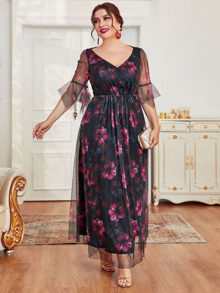 

plus floral mesh overlay dress i6xa#, Black