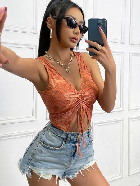 

marble print drawstring ruched crop tank s7wm#, White