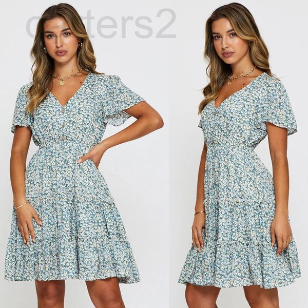 

casual dresses designer spring 2022 new v-neck button floral short sleeve dress wiq72022, Black;gray