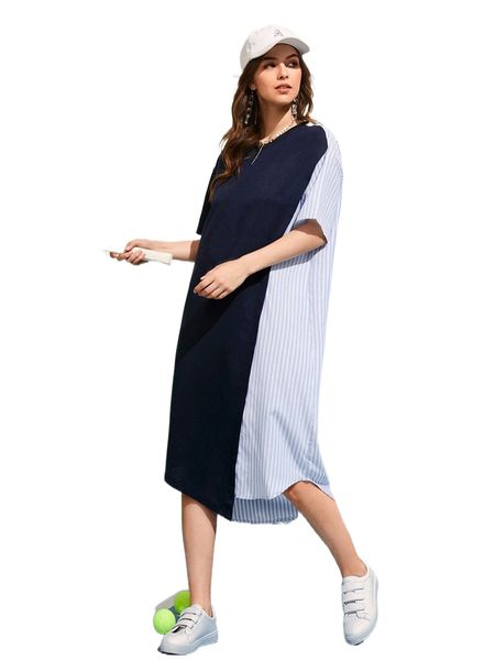 

striped print asymmetric hem dress l0om#, Black;gray