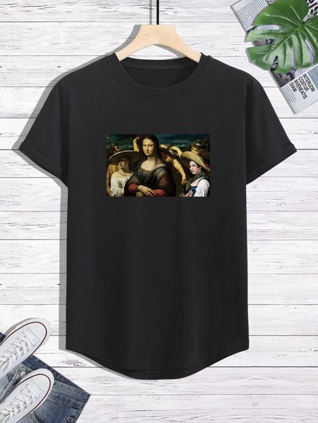 

men figure graphic curved hem tee r5bd#, White;black