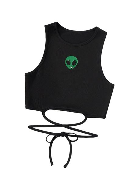 

alien print crisscross tie back tank t534#, White