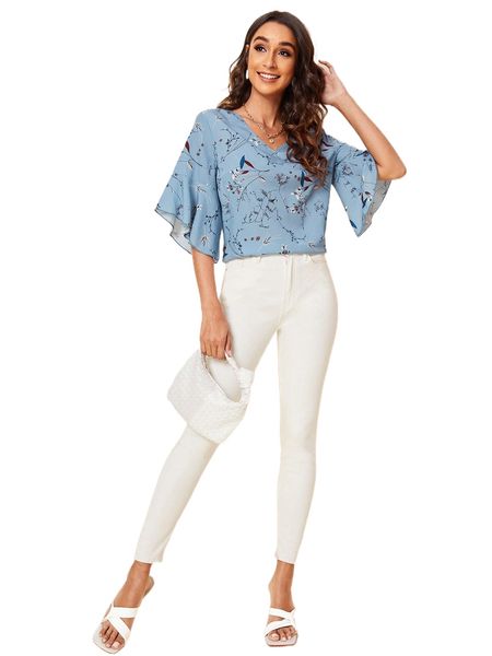 

v-neck botanical print flounce sleeve x47j#, White